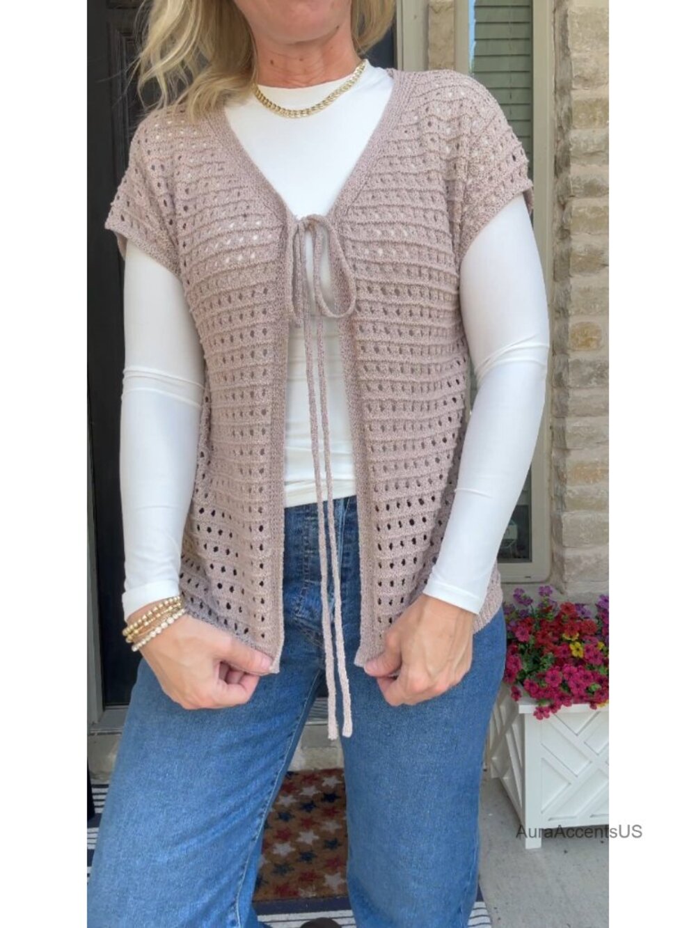 Women Tie Front Crochet Shrug Cardigan Short Sleeve Open Knit Bolero - Picture 6 of 6